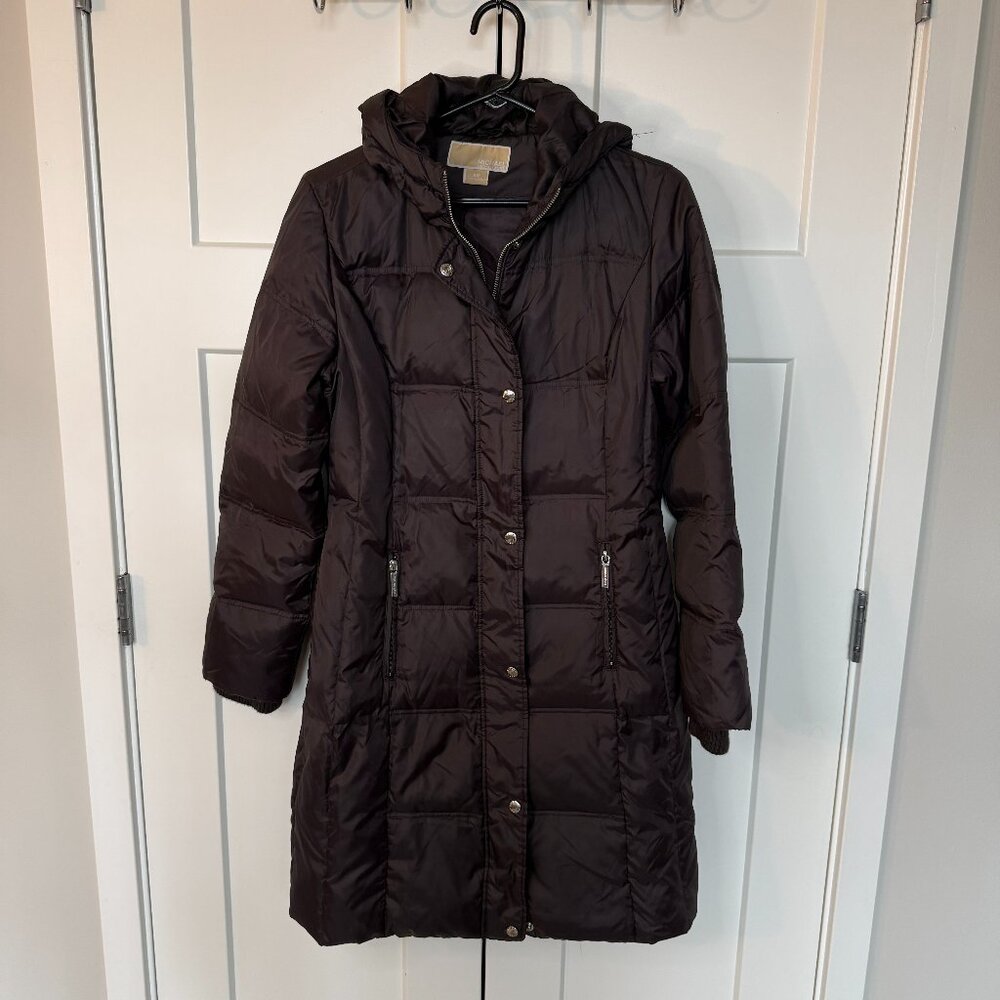 Michael Kors Women's Purple Quilted Puffer Hooded Full Zip Long Jacket Size S